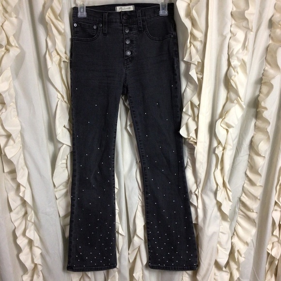 Madewell Cali Demi-Boot Dot Crop Button Fly Jeans Black 23 Mini Kick Flare - Picture 2 of 8